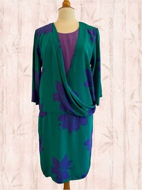 Vintage 80s Silks by St. Gillian Silk Floral Faux Wrap Dress Size 10 Korea